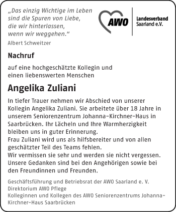 Todesanzeige von Angelika Zuliani von saarbruecker_zeitung