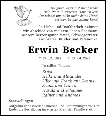 Todesanzeige von Erwin Becker von saarbruecker_zeitung