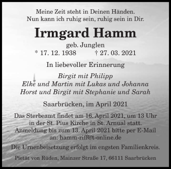 Todesanzeige von Irmgard Hamm von saarbruecker_zeitung