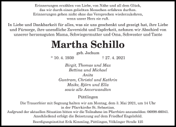 Todesanzeige von Martha Schillo von saarbruecker_zeitung