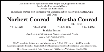 Todesanzeige von Norbert und Martha Conrad von saarbruecker_zeitung