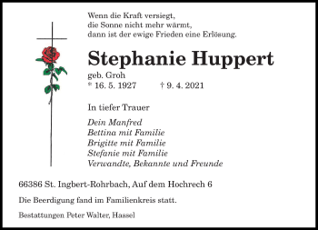 Todesanzeige von Stephanie Huppert von saarbruecker_zeitung