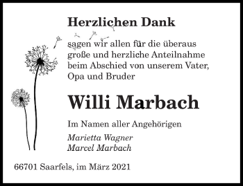 Todesanzeige von Willi Marbach von saarbruecker_zeitung
