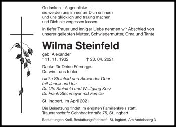 Todesanzeige von Wilma Steinfeld von saarbruecker_zeitung