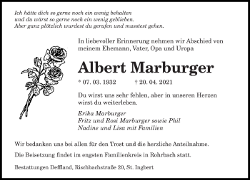 Todesanzeige von Albert Marburger von saarbruecker_zeitung