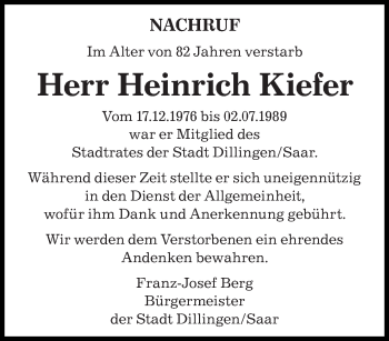 Todesanzeige von Heinrich Kiefer von saarbruecker_zeitung