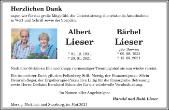 Todesanzeige von Albert und Bärbel Lieser von saarbruecker_zeitung