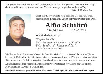 Todesanzeige von Alfio Schiliró von saarbruecker_zeitung