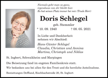 Todesanzeige von Doris Schlegel von saarbruecker_zeitung