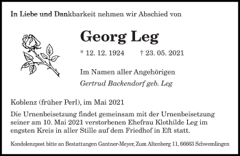 Todesanzeige von Georg Leg von saarbruecker_zeitung