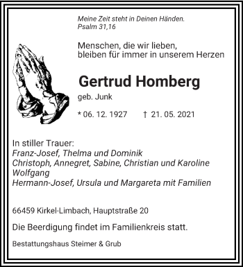 Todesanzeige von Gertrud Homberg von saarbruecker_zeitung