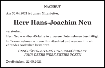 Todesanzeige von Hans-Joachim Neu von saarbruecker_zeitung