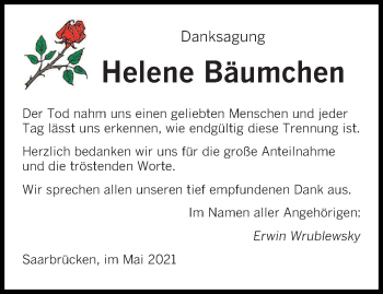 Todesanzeige von Helene Bäumchen von saarbruecker_zeitung