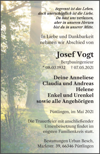Todesanzeige von Josef Vogt von saarbruecker_zeitung