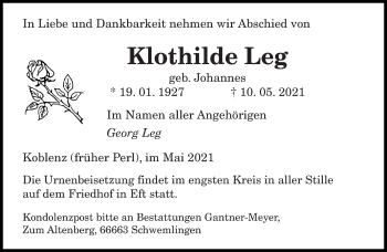 Todesanzeige von Klothilde Leg von saarbruecker_zeitung