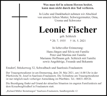 Todesanzeige von Leonie Fischer von saarbruecker_zeitung