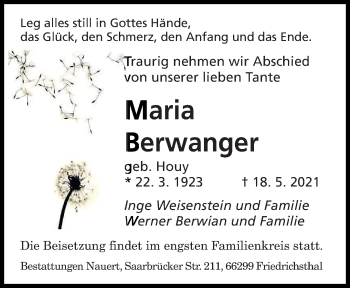 Todesanzeige von Maria Berwanger von saarbruecker_zeitung