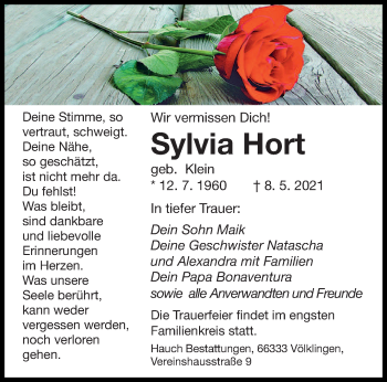 Todesanzeige von Sylvia Hort von saarbruecker_zeitung