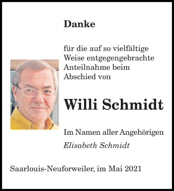 Todesanzeige von Willi Schmidt von saarbruecker_zeitung