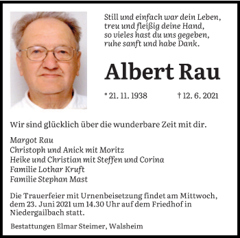 Todesanzeige von Albert Rau von saarbruecker_zeitung