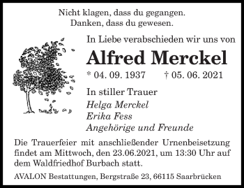 Todesanzeige von Alfred Merckel von saarbruecker_zeitung