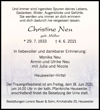 Todesanzeige von Christine Neu von saarbruecker_zeitung