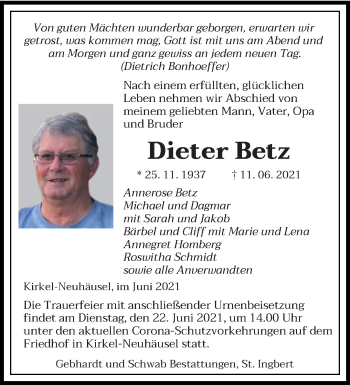 Todesanzeige von Dieter Betz von saarbruecker_zeitung