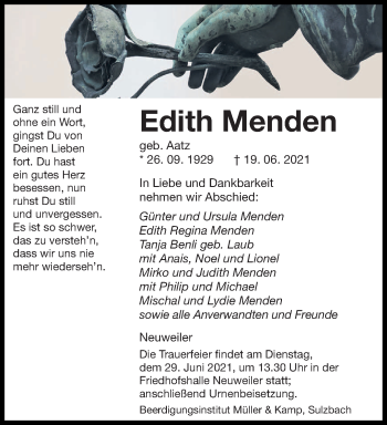 Todesanzeige von Edith Menden von saarbruecker_zeitung