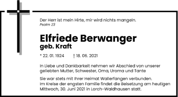 Todesanzeige von Elfriede Berwanger von saarbruecker_zeitung