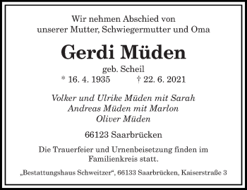Todesanzeige von Gerdi Müden von saarbruecker_zeitung