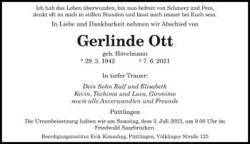 Todesanzeige von Gerlinde Ott von saarbruecker_zeitung