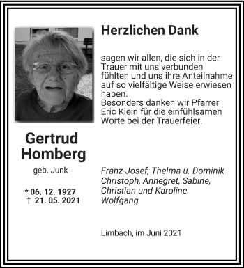 Todesanzeige von Gertrud Homberg von saarbruecker_zeitung