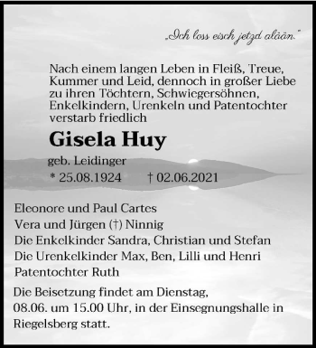 Todesanzeige von Gisela Huy von saarbruecker_zeitung