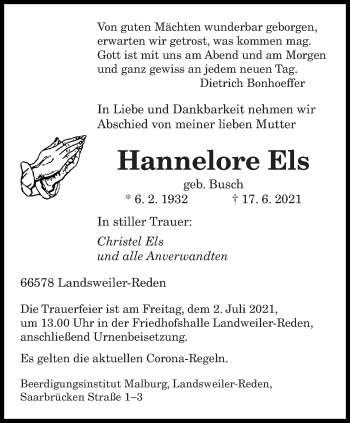 Todesanzeige von Hannelore Els von saarbruecker_zeitung