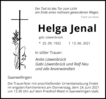 Todesanzeige von Helga Jenal von saarbruecker_zeitung