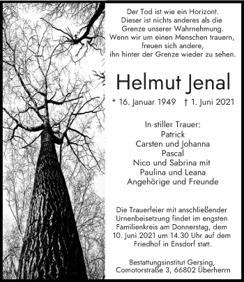 Todesanzeige von Helmut Jenal von saarbruecker_zeitung