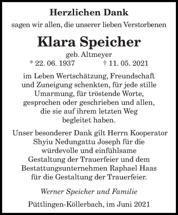 Todesanzeige von Klara Speicher von saarbruecker_zeitung