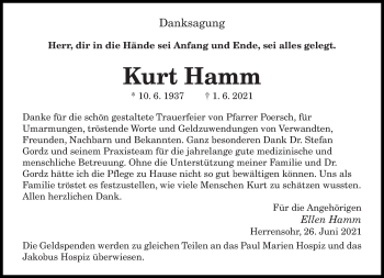 Todesanzeige von Kurt Hamm von saarbruecker_zeitung