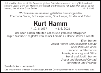 Todesanzeige von Kurt Hamm von saarbruecker_zeitung