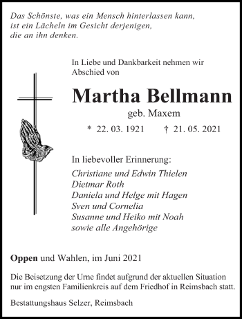 Todesanzeige von Martha Bellmann von saarbruecker_zeitung