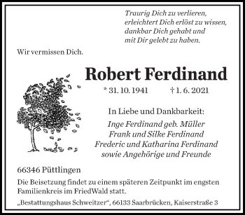 Todesanzeige von Robert Ferdinand von saarbruecker_zeitung