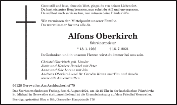 Todesanzeige von Alfons Oberkirch von saarbruecker_zeitung