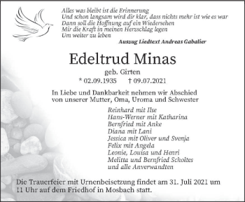 Todesanzeige von Edeltrud Minas von saarbruecker_zeitung