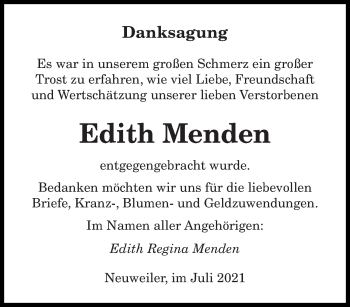 Todesanzeige von Edith Menden von saarbruecker_zeitung