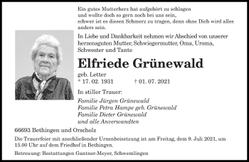 Todesanzeige von Elfriede Grünewald von saarbruecker_zeitung