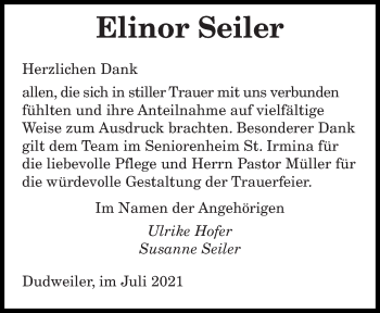 Todesanzeige von Elinor Seiler von saarbruecker_zeitung