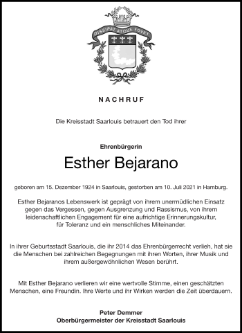 Todesanzeige von Esther Bejarano von saarbruecker_zeitung