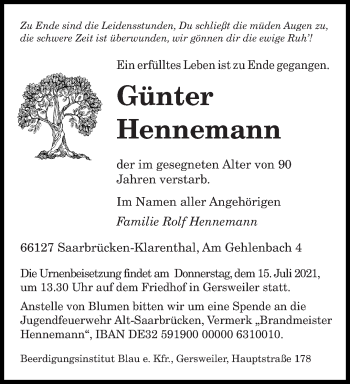 Todesanzeige von Günter Hennemann von saarbruecker_zeitung