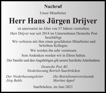 Todesanzeige von Hans Jürgen Drijver von saarbruecker_zeitung