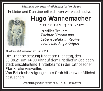 Todesanzeige von Hugo Wannemacher von saarbruecker_zeitung